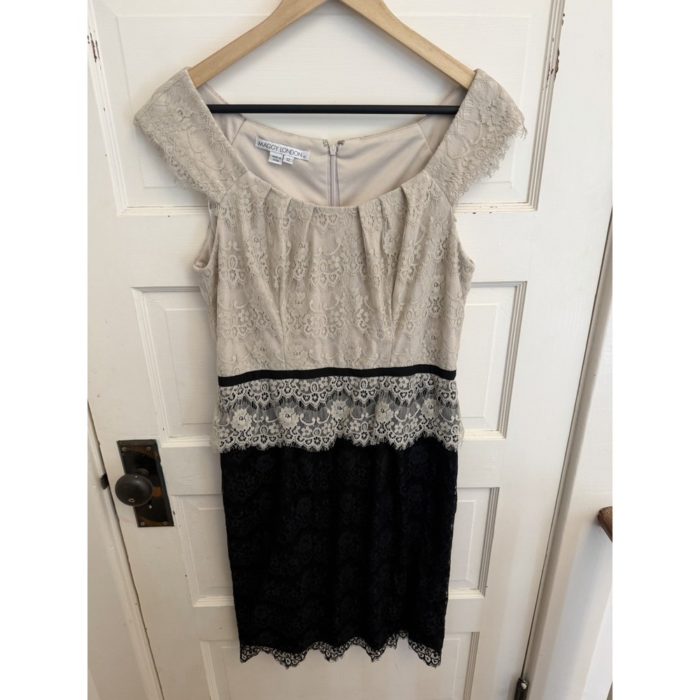 Maggy London Women's Lace Sheath Tan Black Layered Color block Size 12